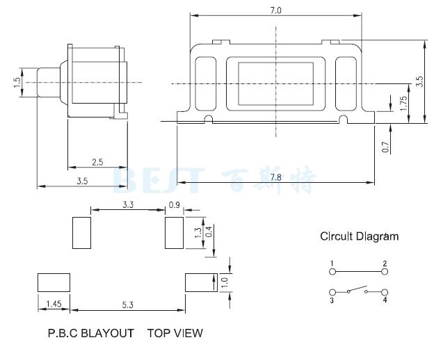 3.5*7侧按轻触开关规格图纸